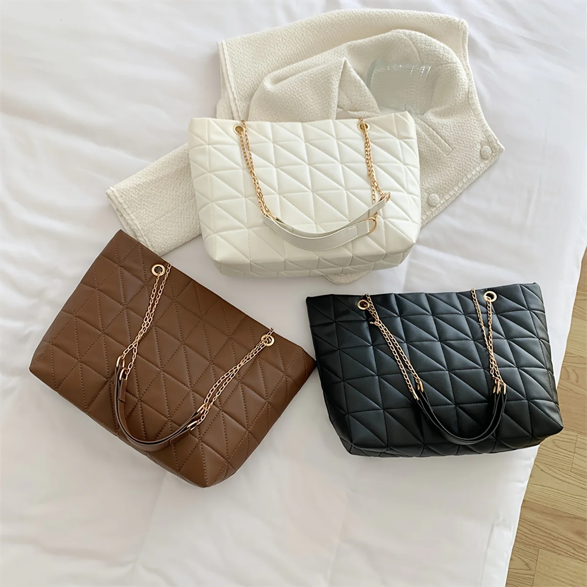 deanwangkt  Square Seam Pattern Tote Bag, Faux Leather Golden Chain Straps Handbag, Zipper Plaid Large Capacity Bag, Women's Bags - Deanwangkt