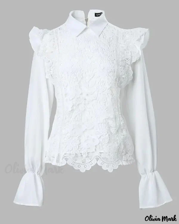 Deanwangkt - Womens Long Sleeve Lace Blouse with Ruffled Hem - Deanwangkt