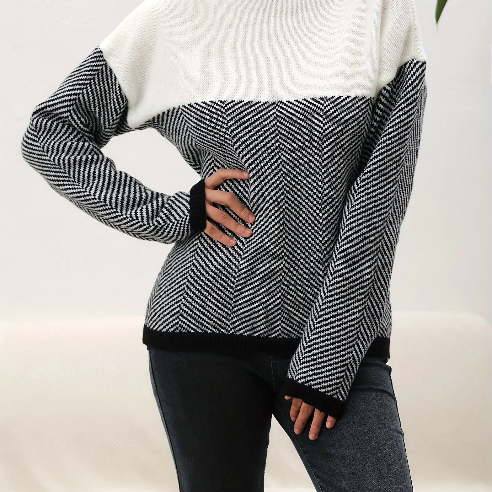 deanwangkt-1  Long Sleeve Elegant Loose Sweater, High Neck Casual Sweater For Winter & Fall, Women's Clothing - Deanwangkt