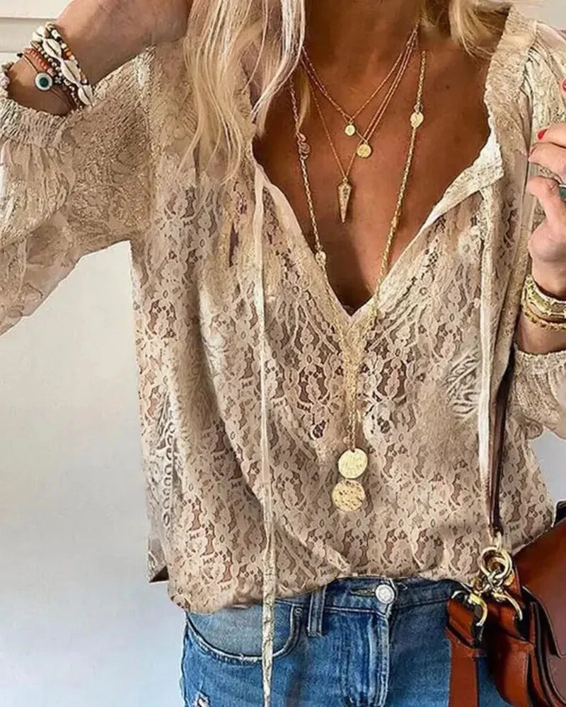 Deanwangkt - Florla Lace V-Neck Long Sleeve Top - Deanwangkt