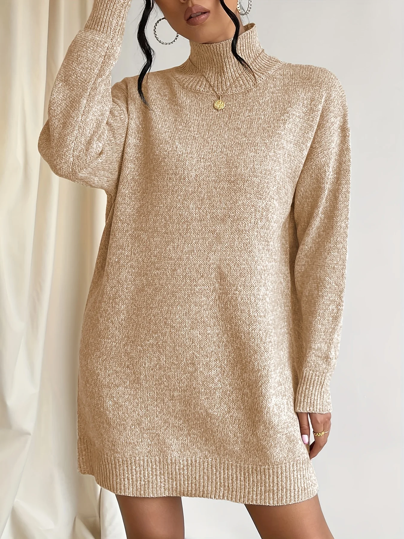 deanwangkt-1  High Neck Solid Dress, Casual Long Sleeve Knitted Mini Dress, Women's Clothing - Deanwangkt