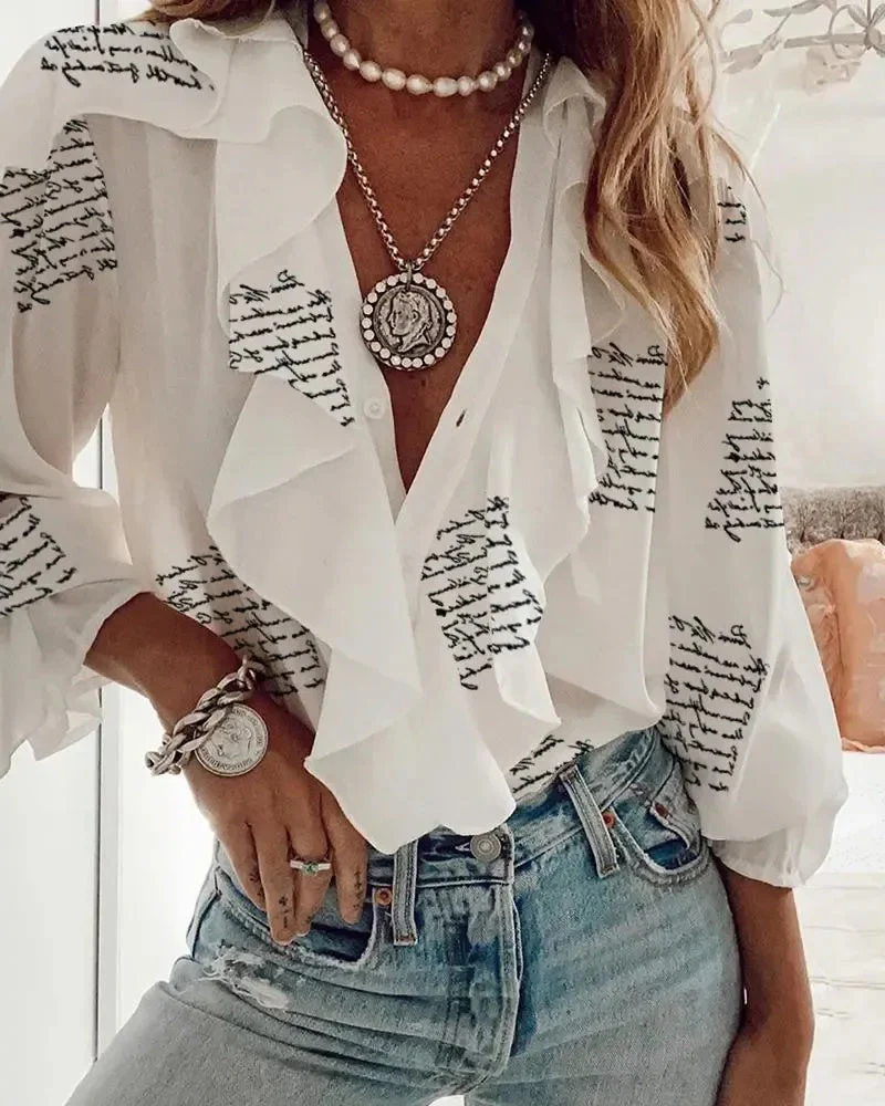 Deanwangkt - Ruffle Letter Print Long Sleeve Top - Deanwangkt