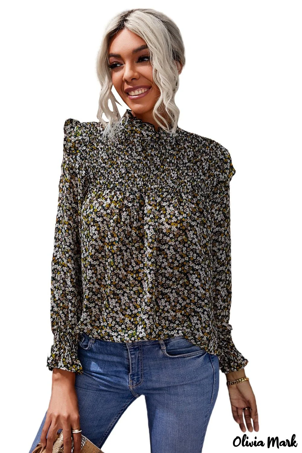 Deanwangkt - Floral Print Ruffle Long Sleeve Blouse - Deanwangkt