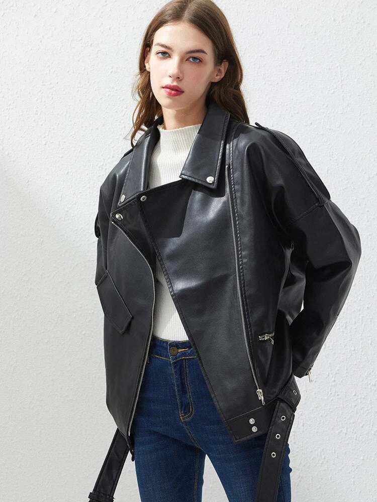 Black Friday Sales Spring Autumn Faux Leather Jacket With Belt Women Casual Loose Biker Outwear Female BF Black Leather Coat - Deanwangkt