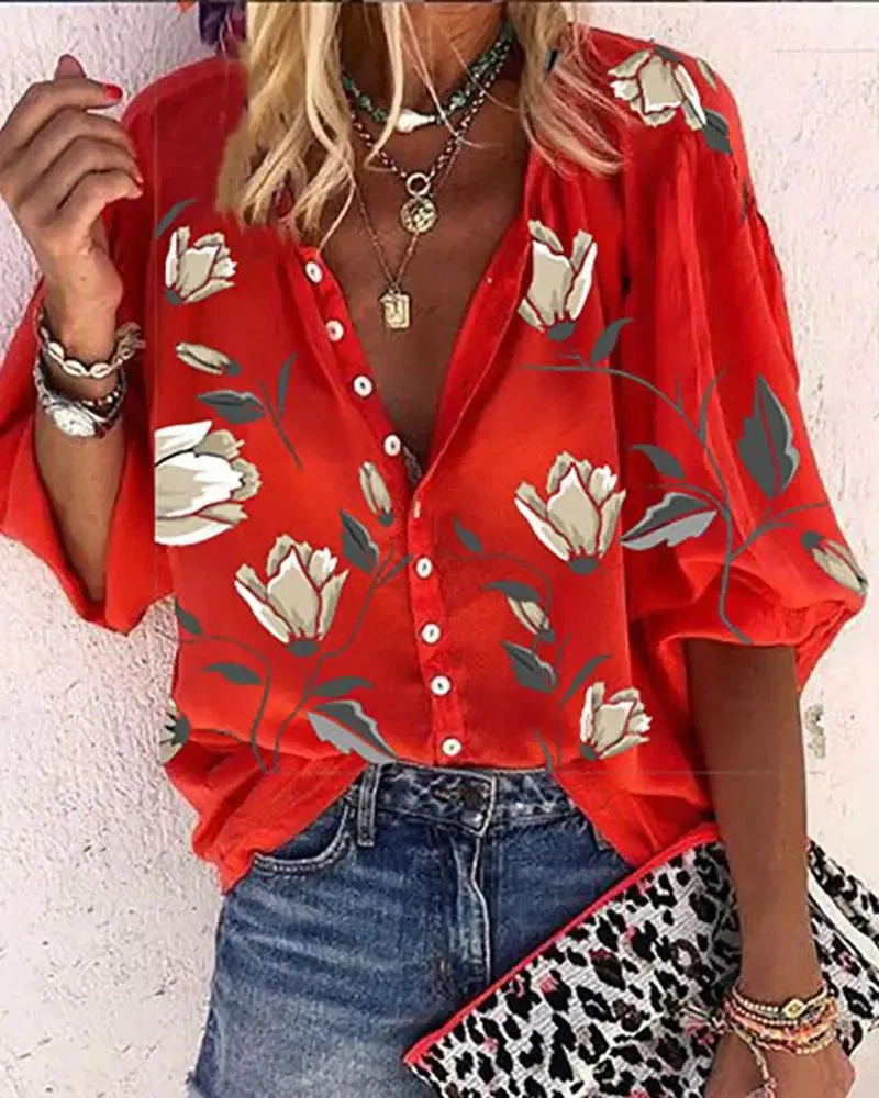 Deanwangkt - Floral Print Button Down Shirt with Lantern Sleeves - Deanwangkt