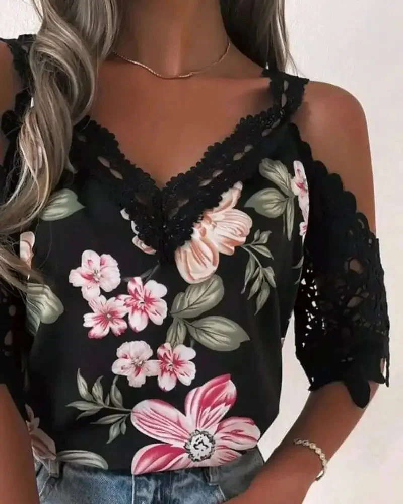 Deanwangkt - Floral Print Off The Shoulder Lace Patch Top - Deanwangkt