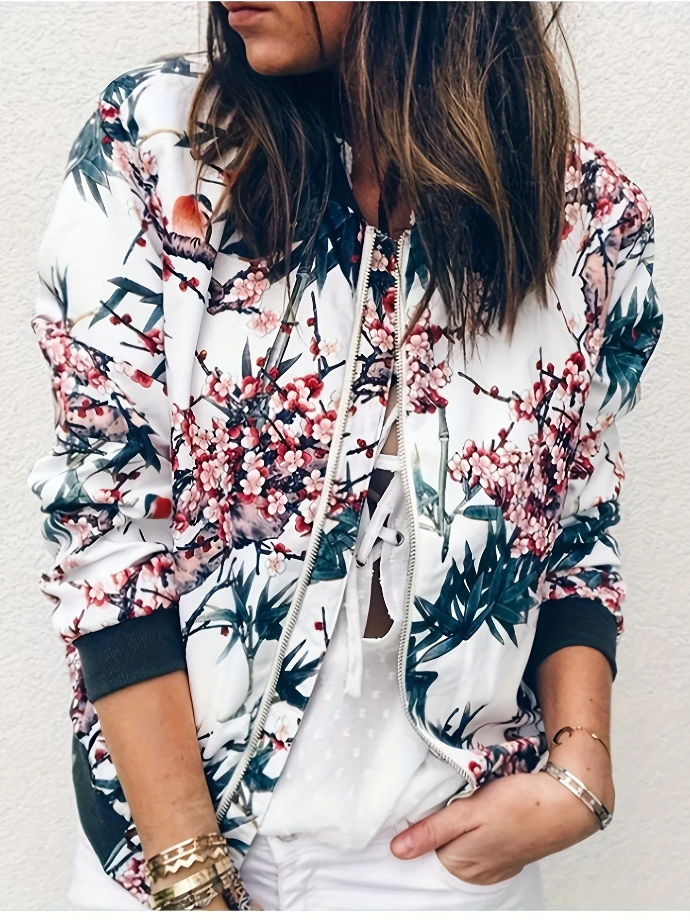 deanwangkt-1  Floral Print Zip Up Jacket, Casual Long Sleeve Jacket For Spring & Fall, Women's Clothing - Deanwangkt