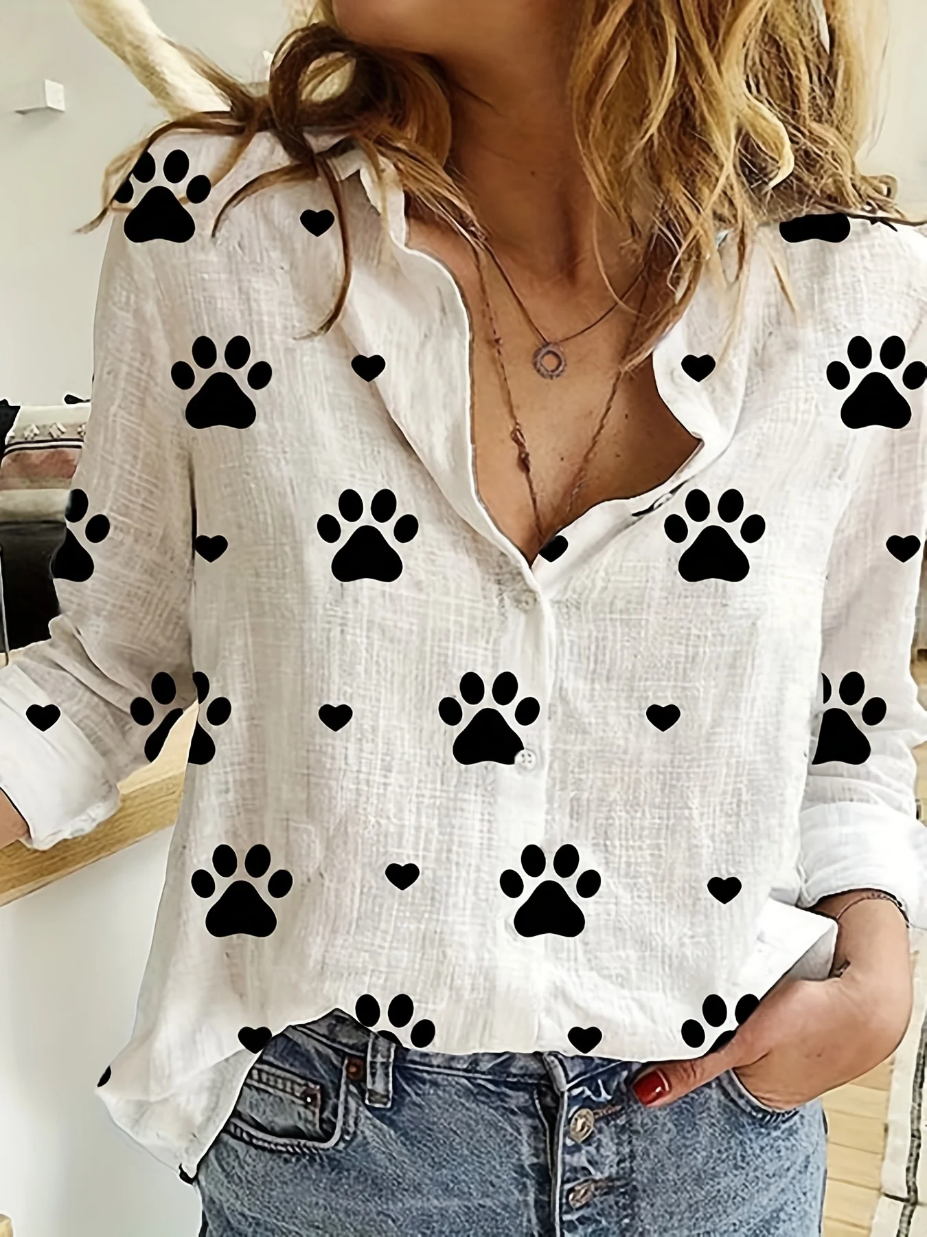 Paw Print Button Front Shirt, Casual Long Sleeve Shirt For Spring & Fall, Women's Clothing - Deanwangkt