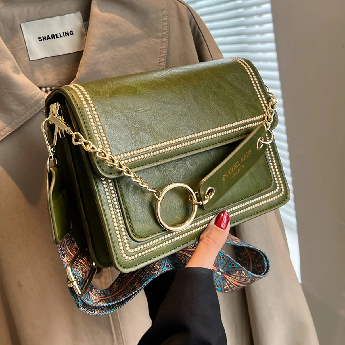 deanwangkt-1  Chain Decor Square Crossbody Bag, Small Stitch Detail Flap Purse, Women's Faux Leather Shoulder Bag - Deanwangkt