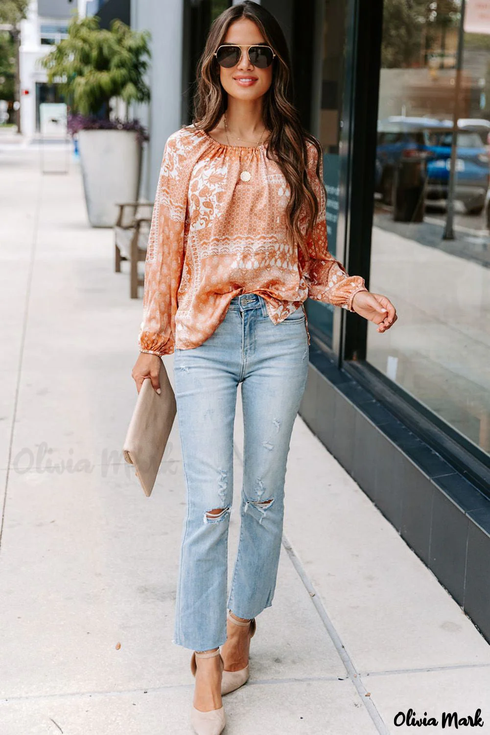 Deanwangkt - Orange round neck bohemian print blouse with drawstring - Deanwangkt
