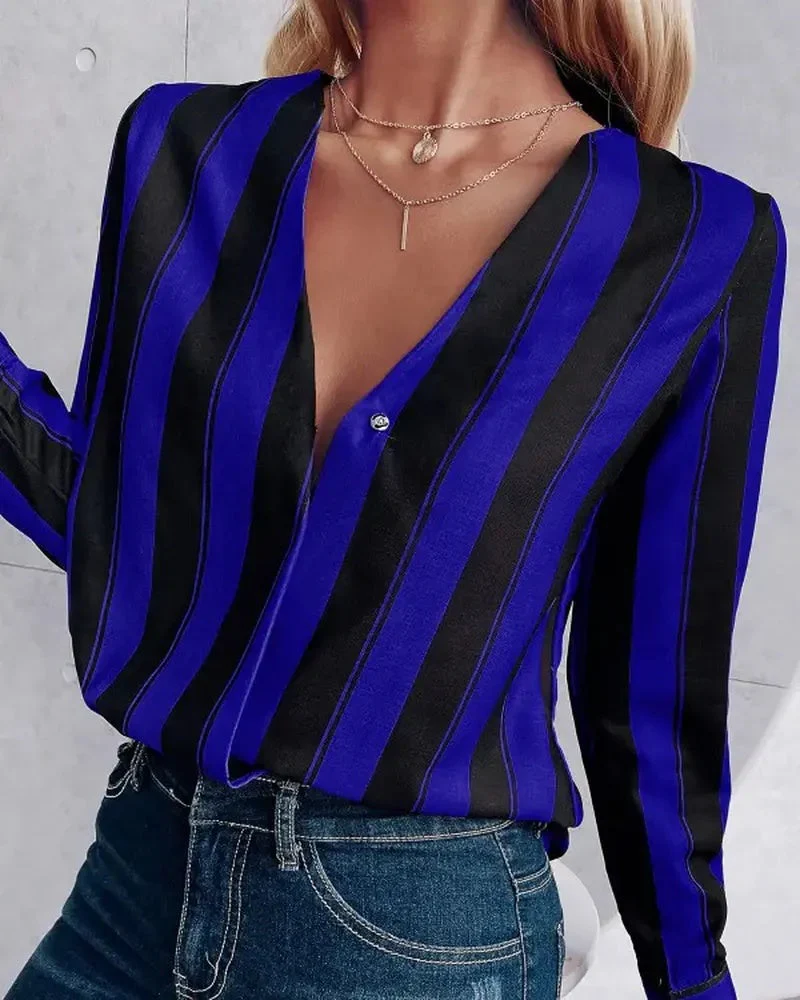 Deanwangkt - Relaxed Deep V Stripe Long Sleeve Blouse - Deanwangkt