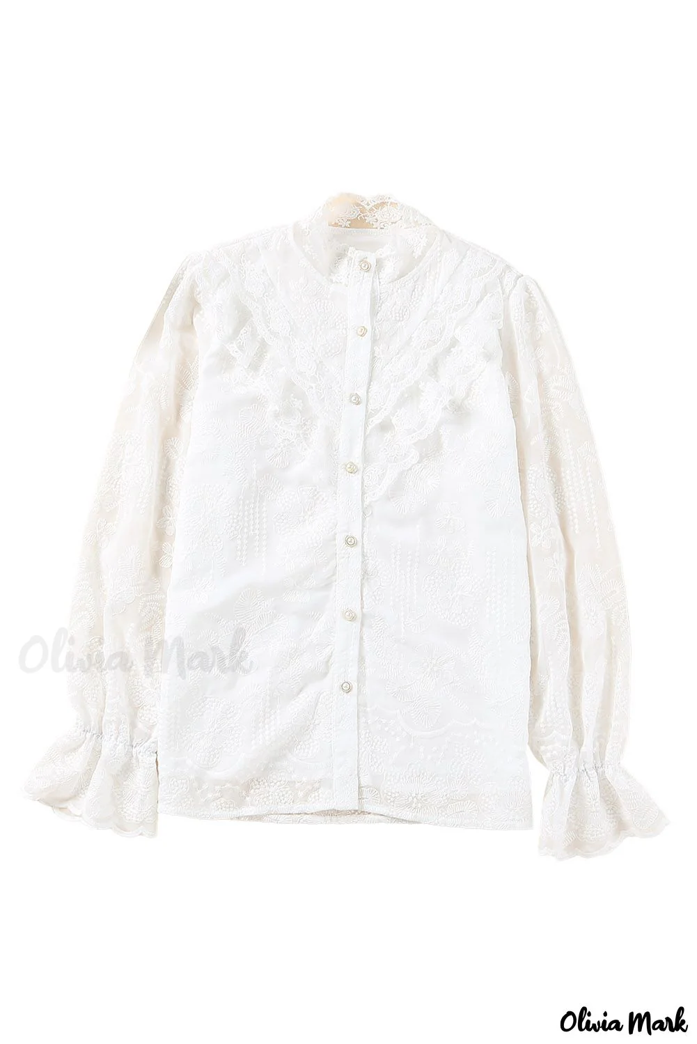Deanwangkt - White Lace Embroidered Ruffled Button Down Long Sleeve Shirt - Deanwangkt