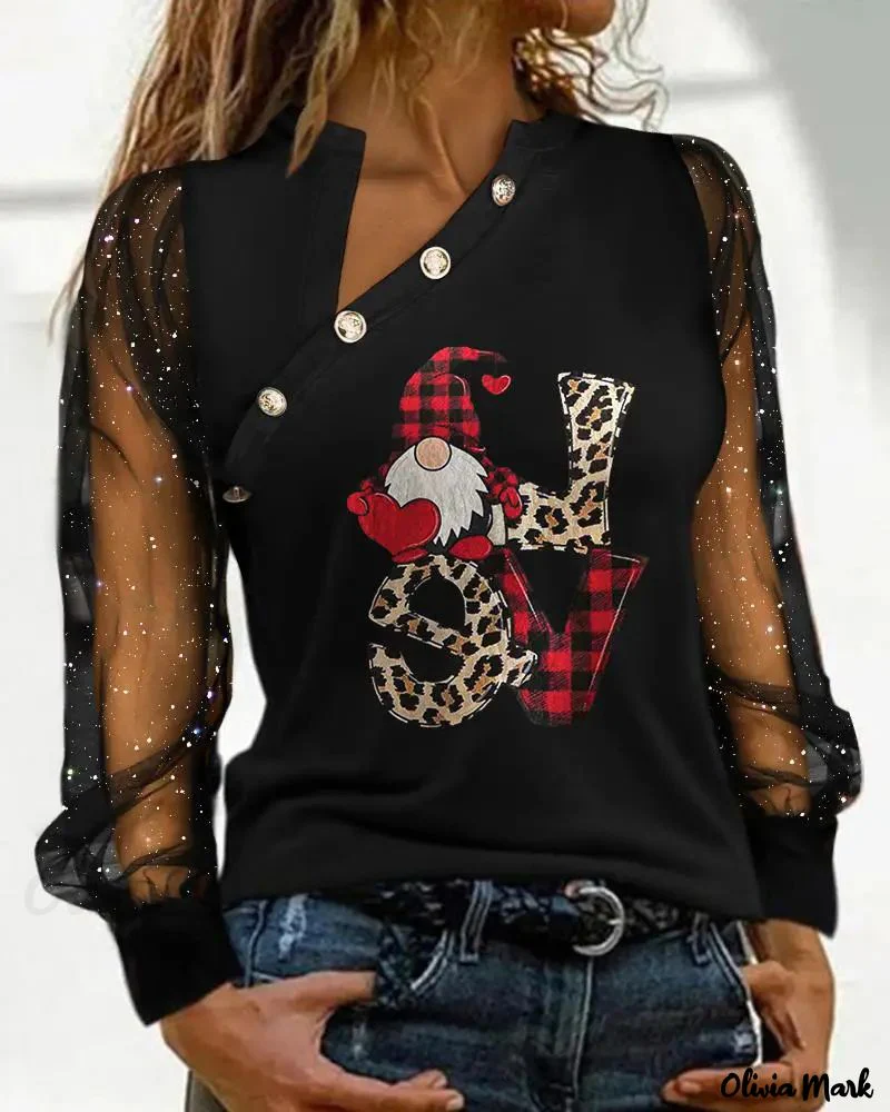 Deanwangkt - Christmas Gnome Print Glitter Sheer Mesh Long Sleeve Top - Deanwangkt