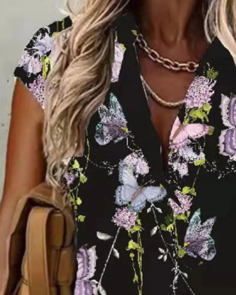 Deanwangkt - Floral Butterfly Print Short Sleeve Button Up Top - Deanwangkt