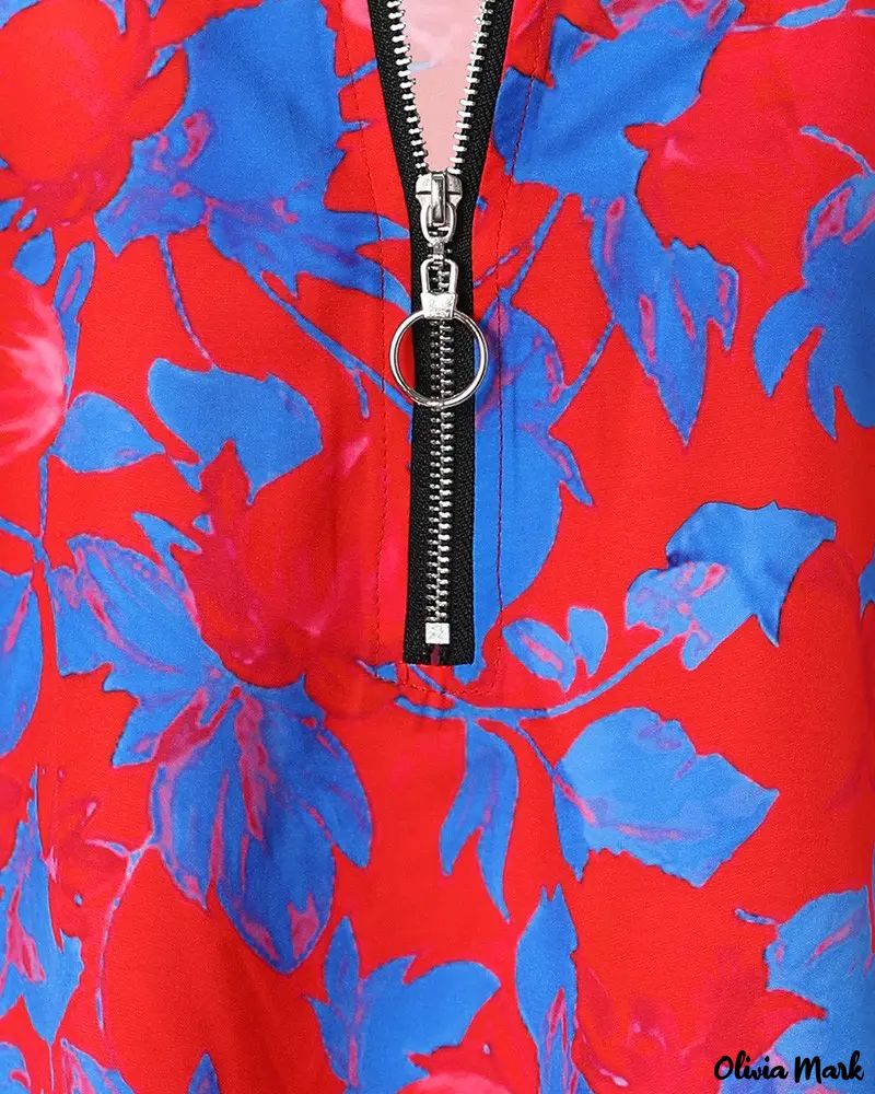 Deanwangkt - Floral Print Off Shoulder Zip Front Top - Deanwangkt