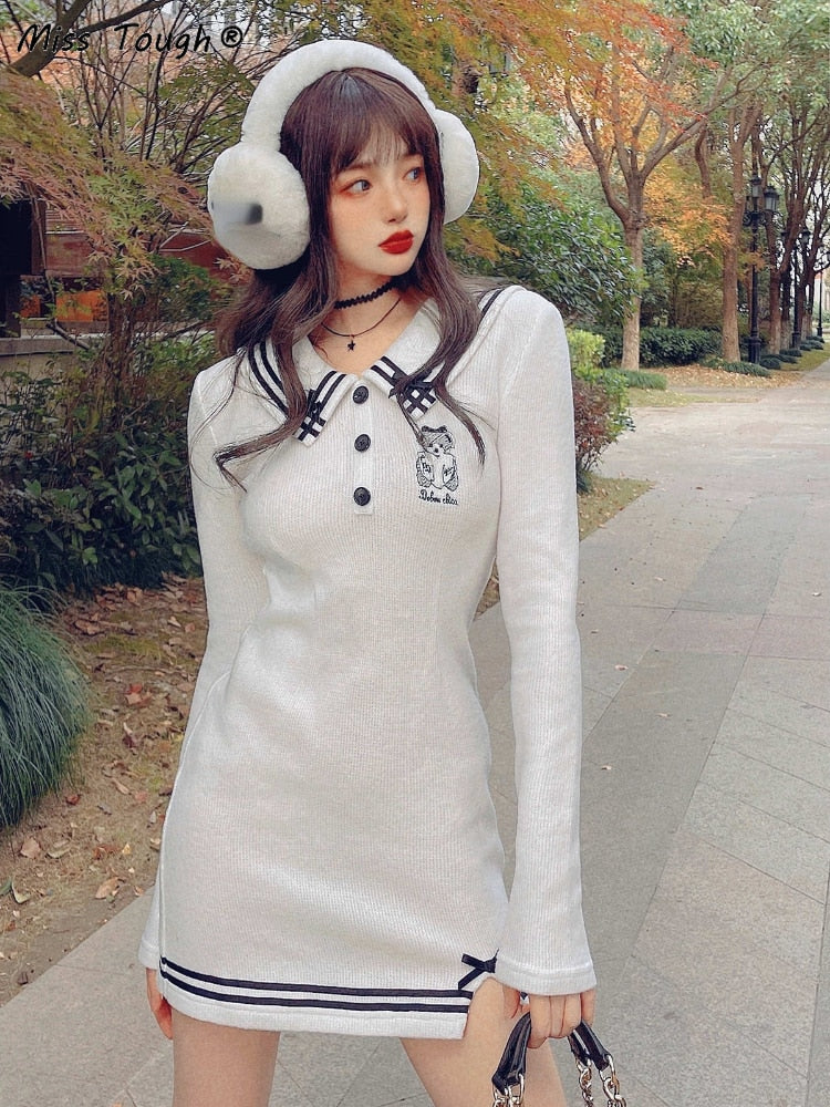 Back to school outfit Deanwangkt Deanwangkt Japanese Pink Sweet Kawaii Dress Women Bodycon Elegant Sexy Party Mini Dress Female White Knit Casual Korean Fashion Dress K117 - Deanwangkt