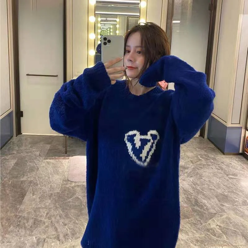 Christmas Gift Deanwangkt New Autumn Winter Letter Pattern Blue Pullover Long Sleeve Knit Sweater свитер Round Neck Women Sweater Loose Sweater Top - Deanwangkt