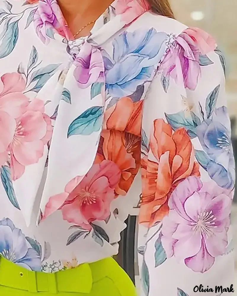 Deanwangkt - Floral Print Tie-Neck Lantern Sleeve Top - Deanwangkt