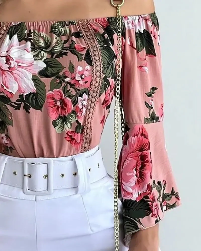 Deanwangkt - Off-the-Shoulder Floral Print Bell-Sleeve Top - Deanwangkt