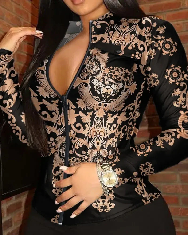 Deanwangkt - Baroque Print Long Sleeve Zip Top - Deanwangkt