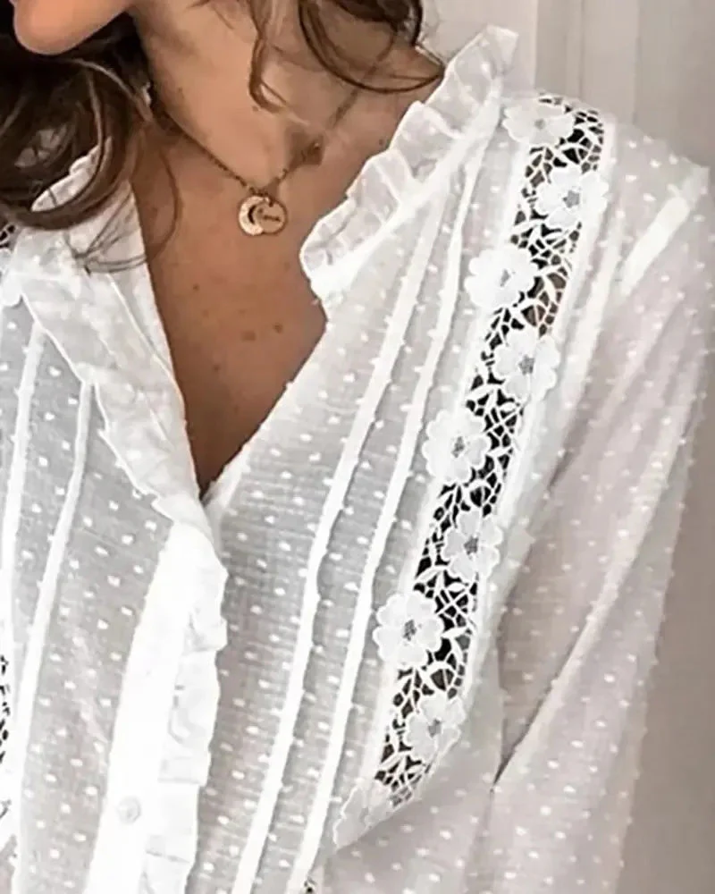 Deanwangkt - Polka Dot Floral Lace Ruffle Hem Top - Deanwangkt