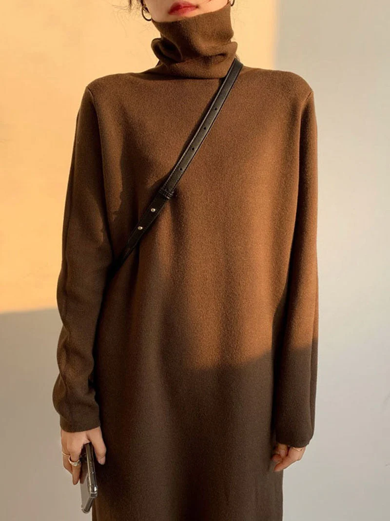 Christmas Gift Deanwangkt Casual autumn winter Pile collar thick maxi weater pullovers dress Women basic loose sweater female turtleneck long dress - Deanwangkt