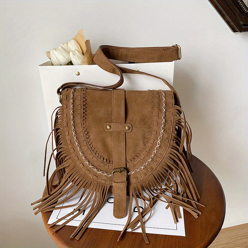 Vintage Bohemian Crossbody Bag, Retro Fringe Shoulder Bag, Women's Hippie Grunge Handbag & Purse - Deanwangkt