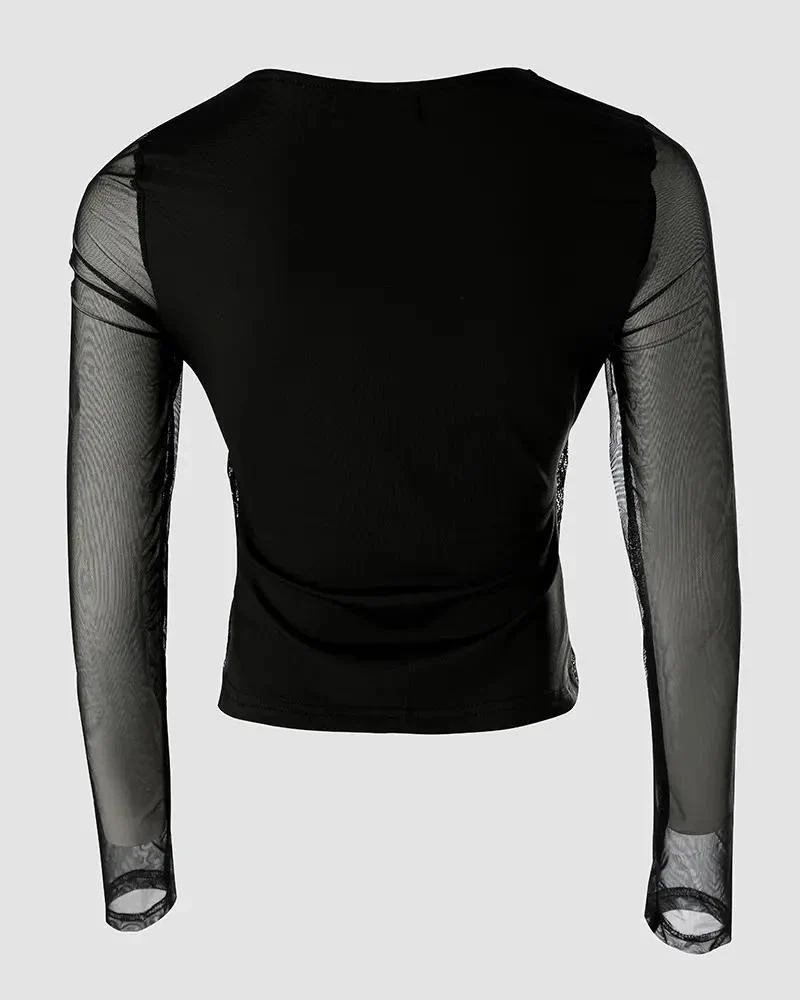 Deanwangkt - Contrast Lace Sheer Mesh Long Sleeve Top - Deanwangkt