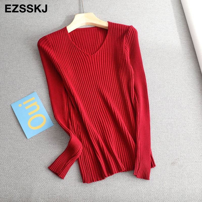 Christmas Gift Deanwangkt basic v-neck solid autumn winter Sweater Pullover Women Female Knitted sweater slim long sleeve badycon sweater cheap - Deanwangkt