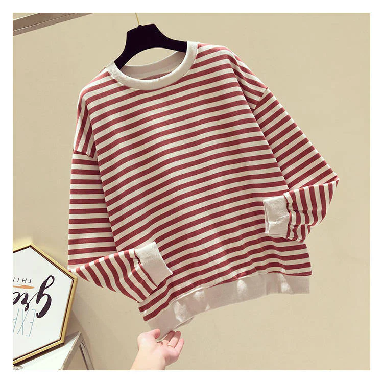 Christmas Gift Autumn Striped Knitted Hoodies Sweatshirts Women Casual Gentle Long Sleeve Loose Pullovers Patchwork O-Neck Collar Tops - Deanwangkt