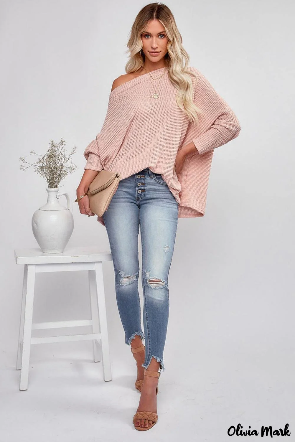 Deanwangkt - Pink Waffle Mesh Eyelet Long Sleeve Blouse - Deanwangkt