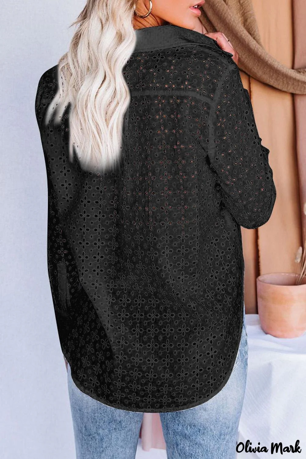 Deanwangkt - Black Hollow Out Floral Eyelet Long Sleeve Shirt - Deanwangkt