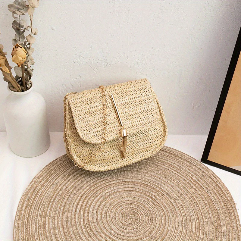 Mini Woven Straw Saddle Bag, Trendy Chain Crossbody Bag, Women's Tassel Beach Bag - Deanwangkt