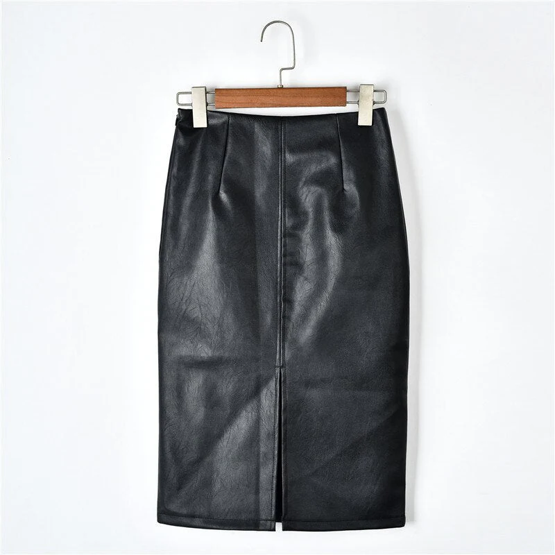 Christmas Gift Deanwangkt Summer Korean PU Leather Skirts Women High Waist Straight Midi Skirts Midi Skirt Women Plus Size Solid Split Skirts 10091 - Deanwangkt
