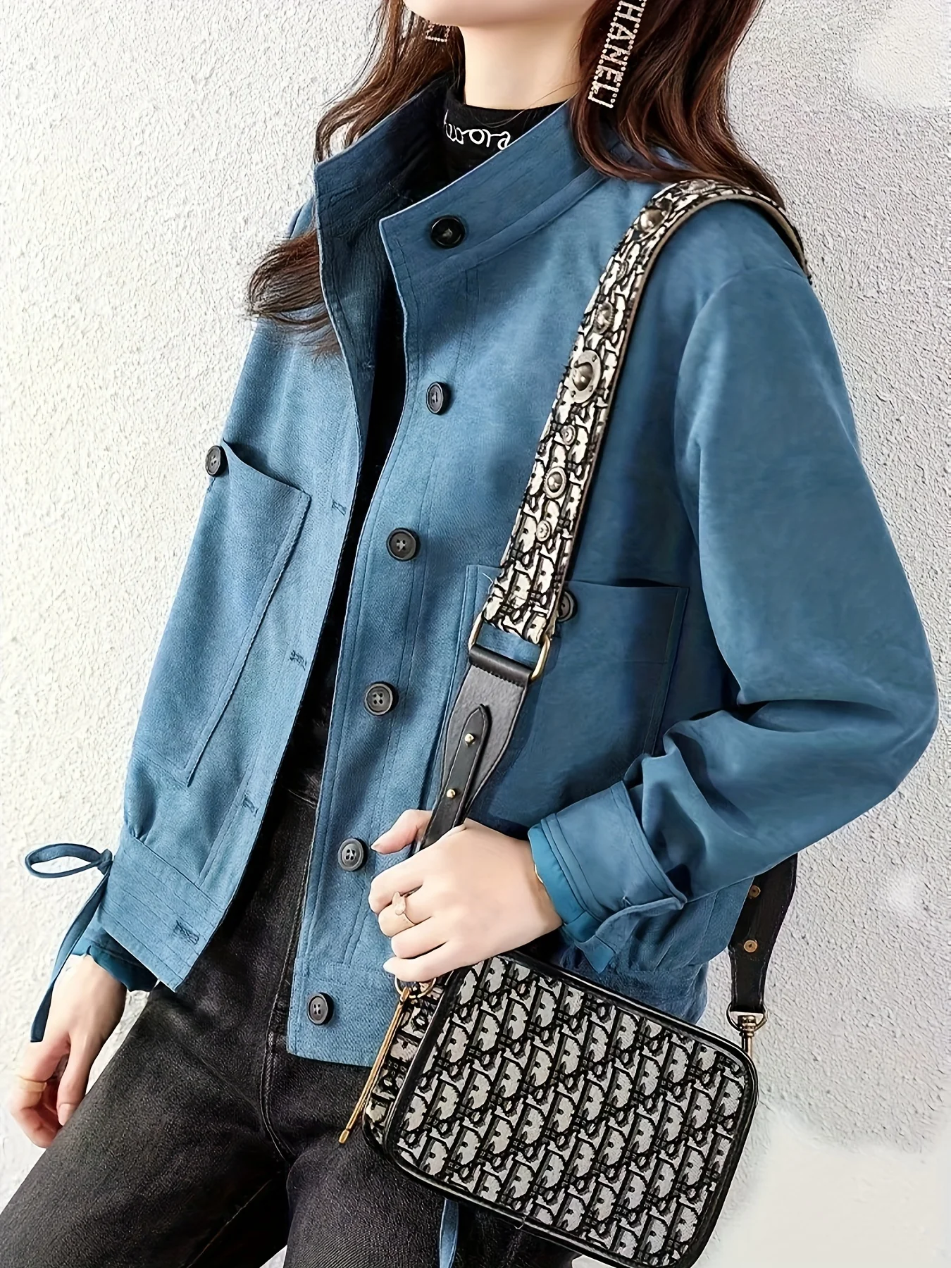 Button Front Solid Jacket, Casual Mock Neck Long Sleeve Outerwear, Women's Clothing - Deanwangkt