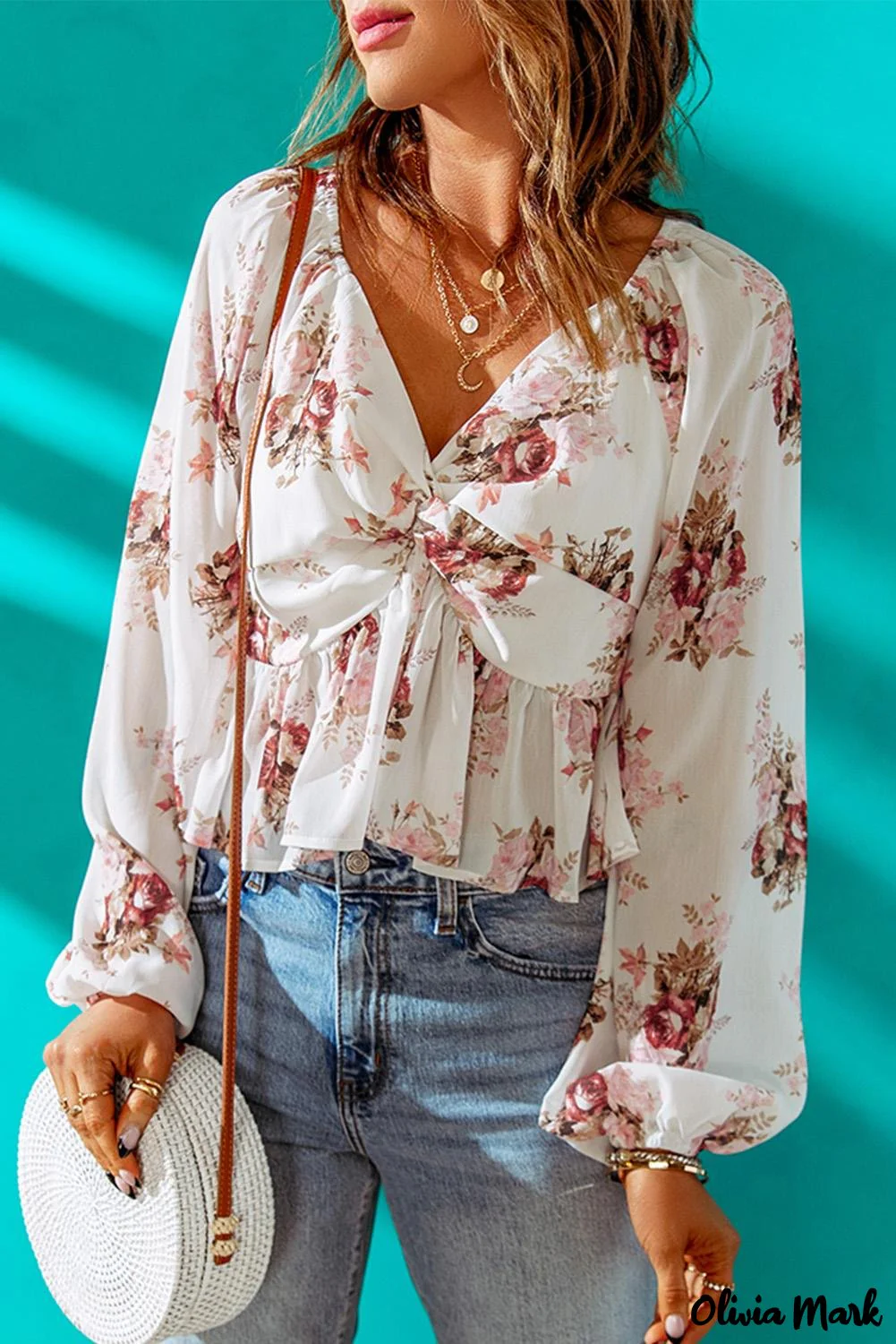 Deanwangkt - Beige Floral V-Neck Balloon Sleeve Twist Front Blouse - Deanwangkt