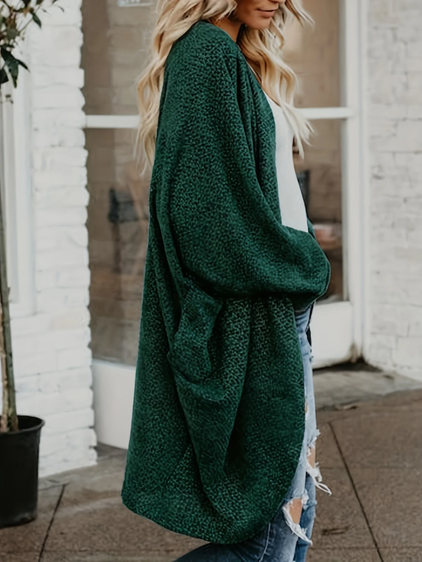 deanwangkt-1  Solid Open Front Knit Cardigan, Casual Batwing Sleeve Mid Length Sweater, Women's Clothing - Deanwangkt