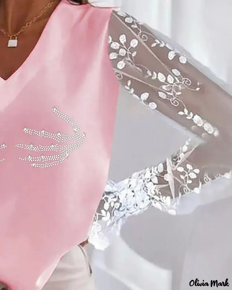 Deanwangkt - Halloween Rhinestone Contrast Lace Long Sleeve Top - Deanwangkt