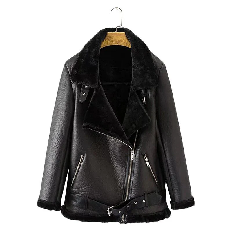 Black Friday Sales New Autumn Winter Women Thick Warm Faux Sheepskin Fur Coat With Belt Moto Biker Zipper Loose Jacket Aviator Casaco - Deanwangkt