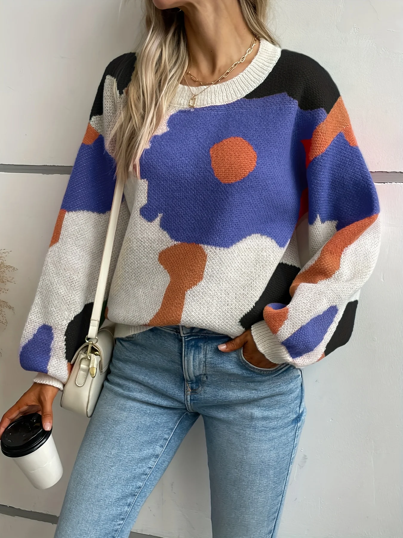 deanwangkt-1  Color Block Crew Neck Sweater, Casual Long Sleeve Sweater For Fall & Winter, Women's Clothing - Deanwangkt