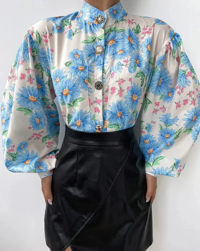 Deanwangkt - Floral Print Lantern Sleeve Button Up Top - Deanwangkt