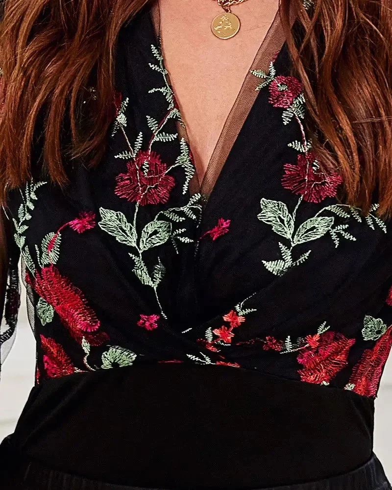 Deanwangkt - Sheer tulle long sleeve top with floral embroidery - Deanwangkt
