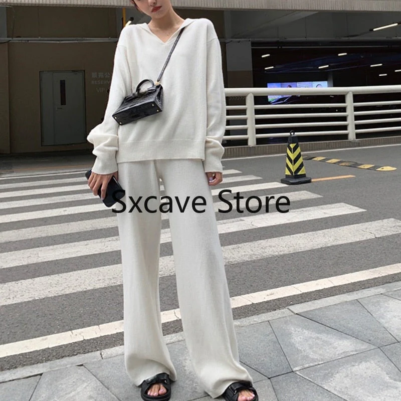 Christmas Gift 2 Piece Set Women Casual Outwear Korean Tracksuits Office Lady Deanwangkt Winter Knitted Suits Loose Pants + Sweater Sets Pure Color - Deanwangkt
