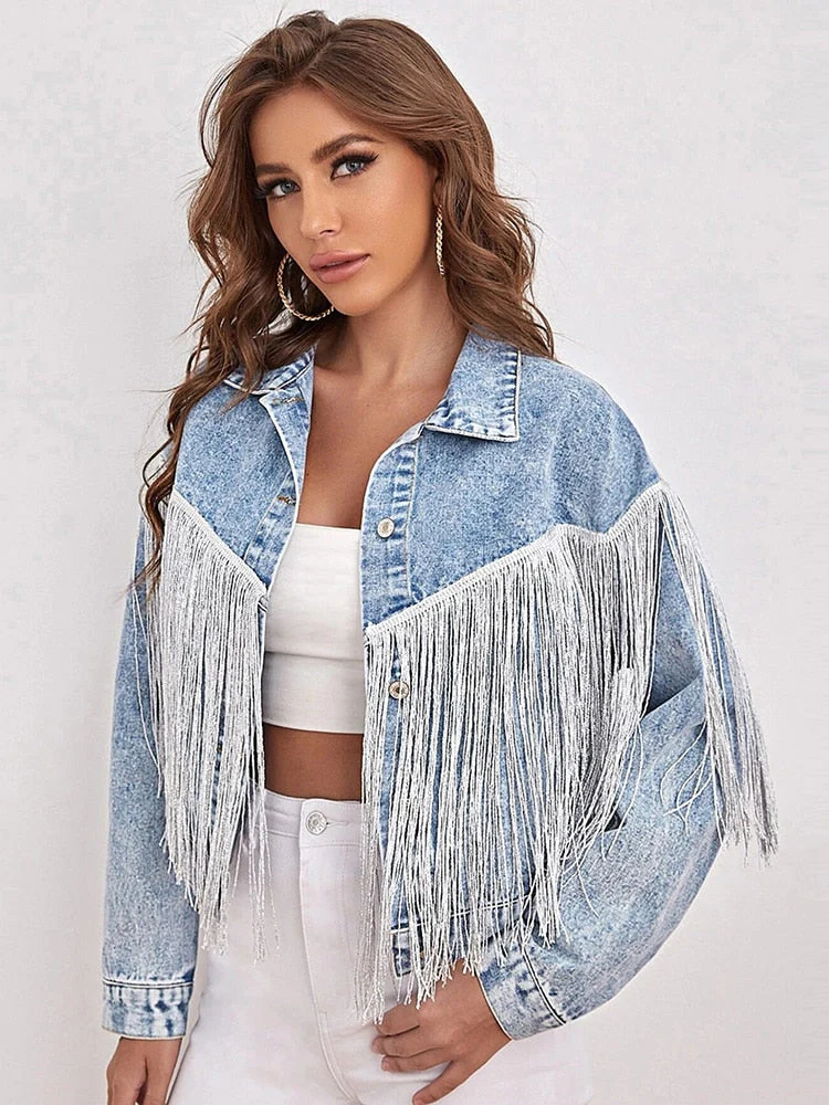 Black Friday Sales New Spring Women Loose Tassel Washed Blue Denim Jacket Streetwear Female Retro Short Coat Ladies Outwear - Deanwangkt