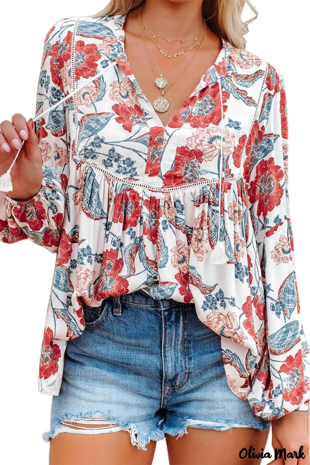 Deanwangkt - Red Floral Patchwork Split Neck Bubble Sleeve Blouse - Deanwangkt