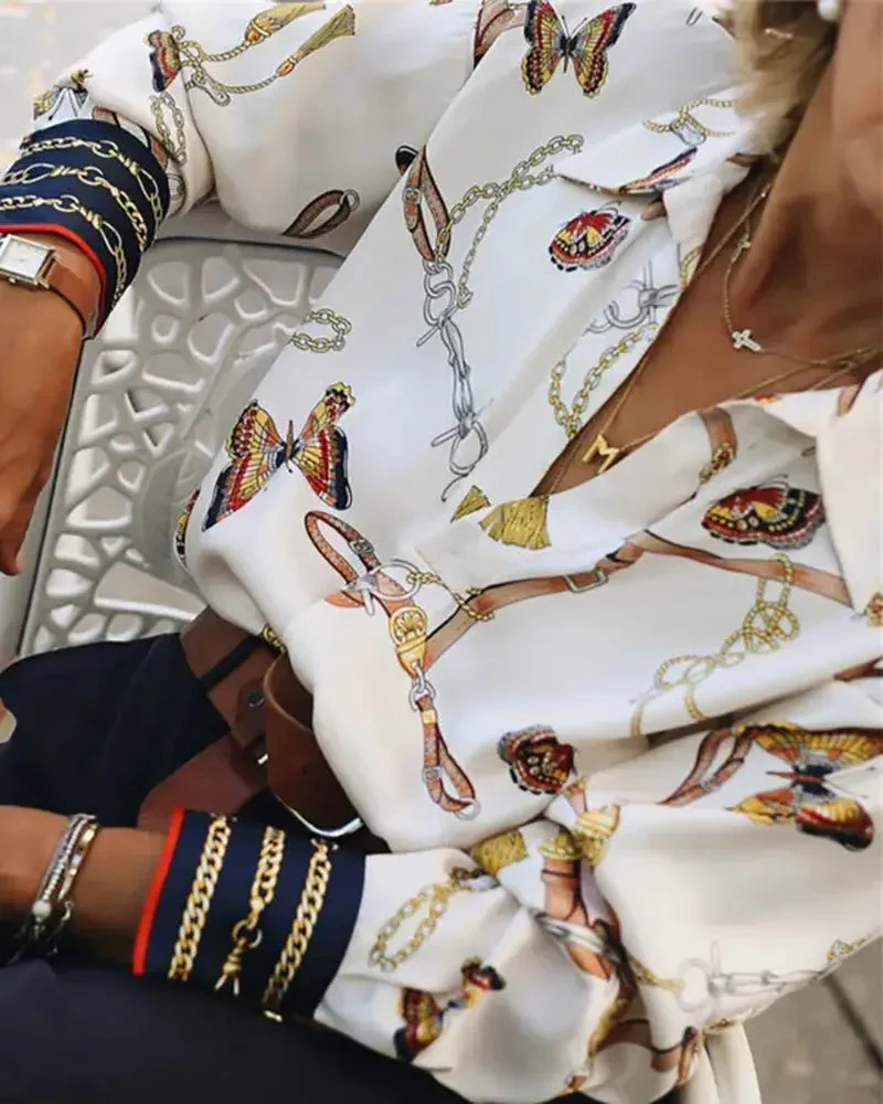 Deanwangkt - Chain Butterfly Print Long Sleeve Casual Shirt - Deanwangkt