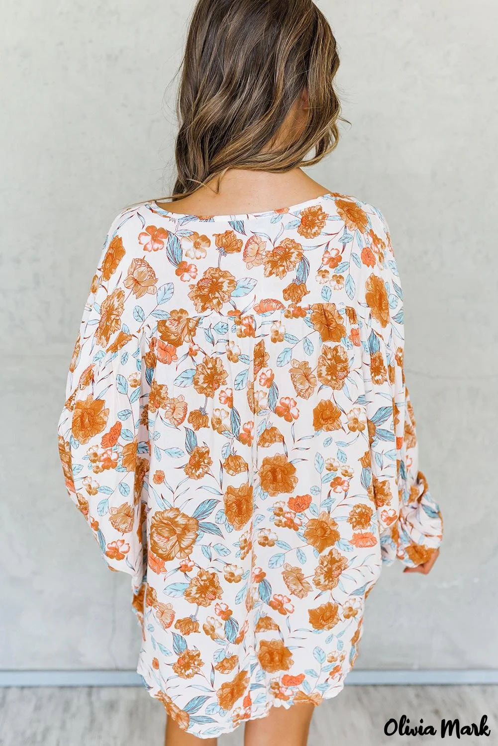 Deanwangkt - Orange Floral Print V-Neck Slit Dolman Blouse - Deanwangkt