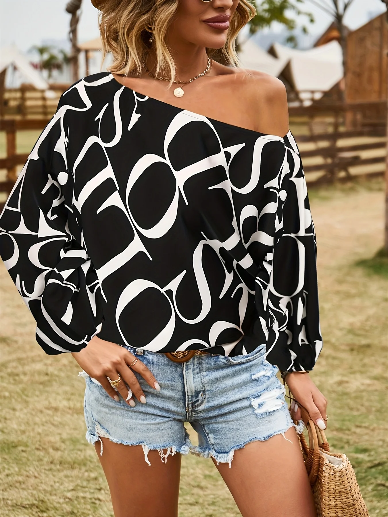 Letter Print Lantern Sleeve Blouse, Casual Random Printing Blouse For Spring & Summer, Women's Clothing - Deanwangkt