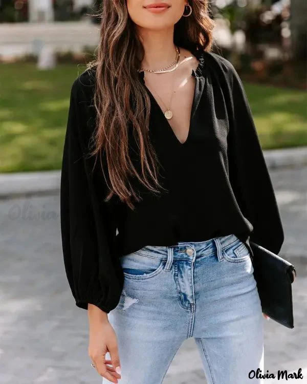 Deanwangkt - Frill Hem V-Neck Long Sleeve Top - Deanwangkt