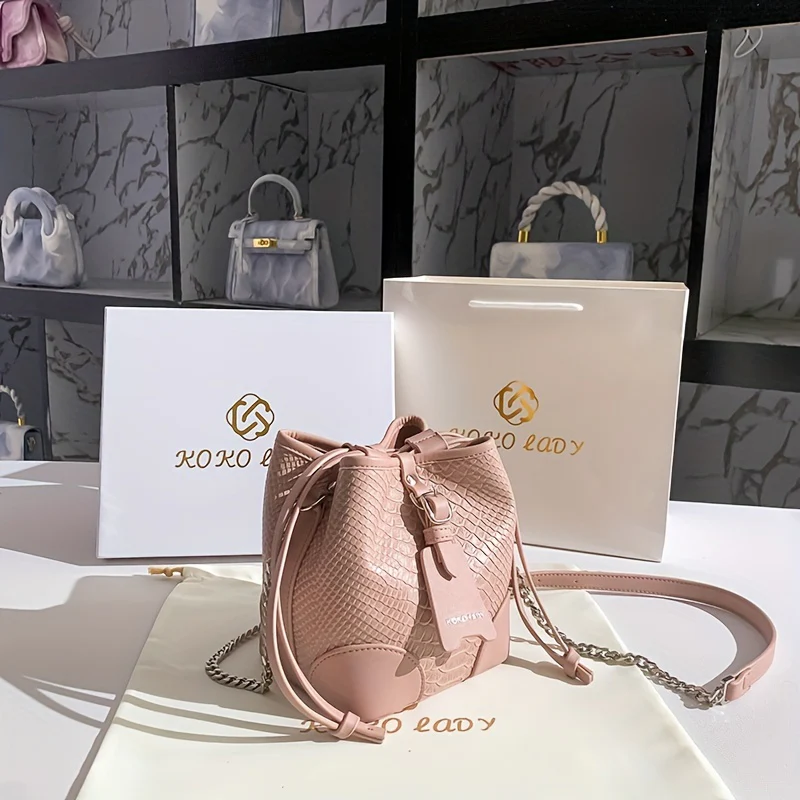 Snakeskin Embossed Bucket Bag For Women, Trendy PU Leather Handbag, Drawstring Crossbody Purse With Chain Strap - Deanwangkt